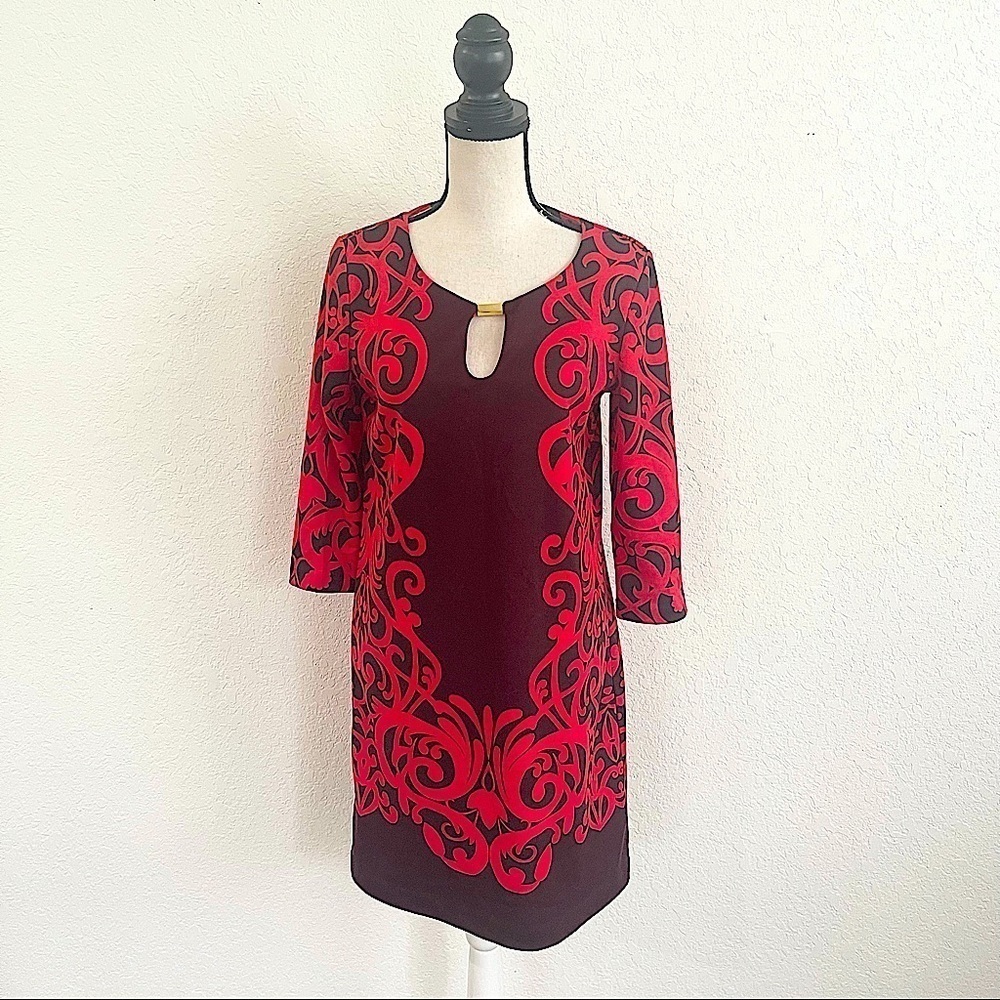 NEW YORK & COMPANY Women’s Red Printed 3/4 Sleeve Ponte Knit Shift Dress Small